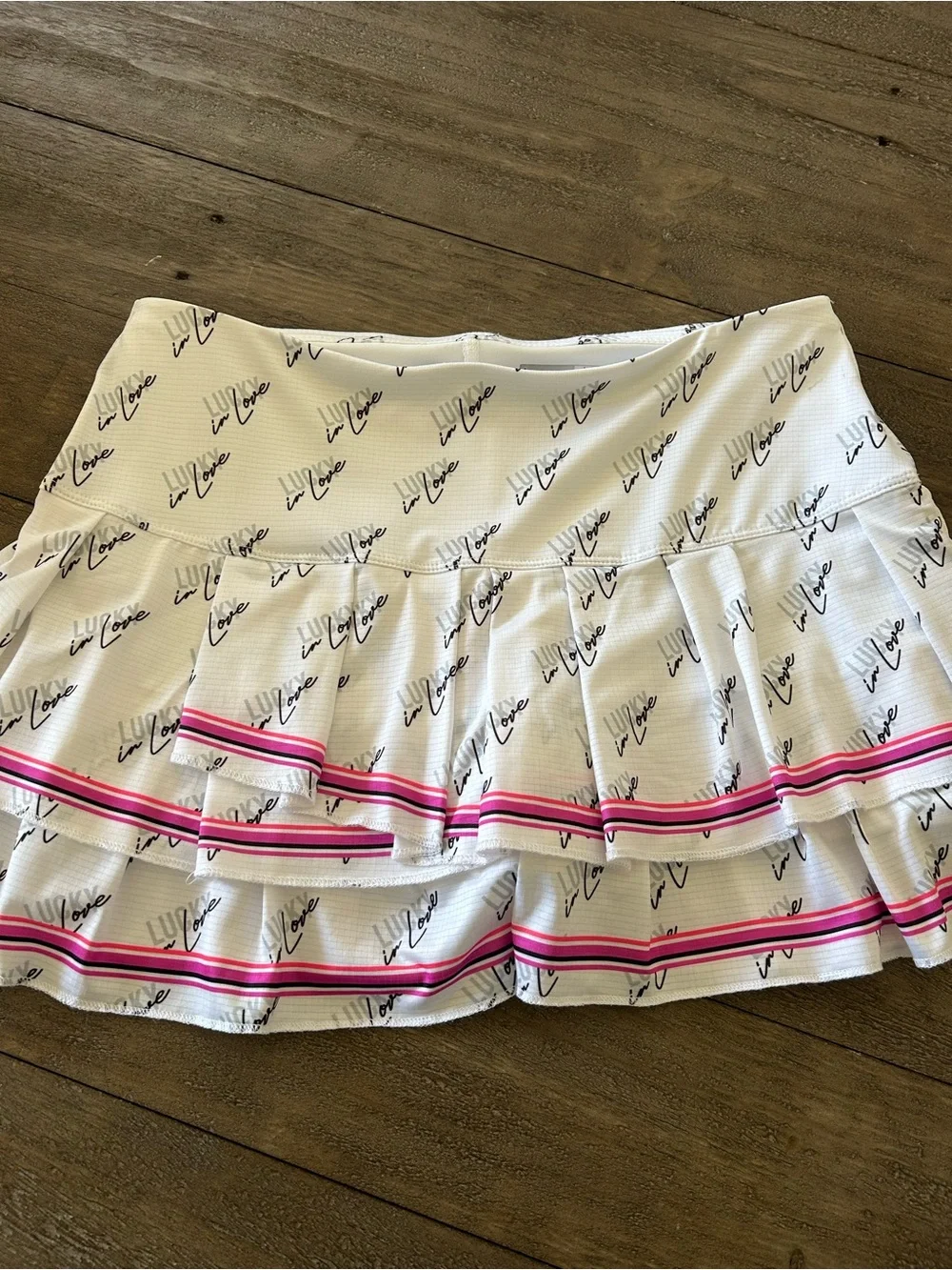 Lucky in Love White Ruffled Skirt with Pink Stripe Detail